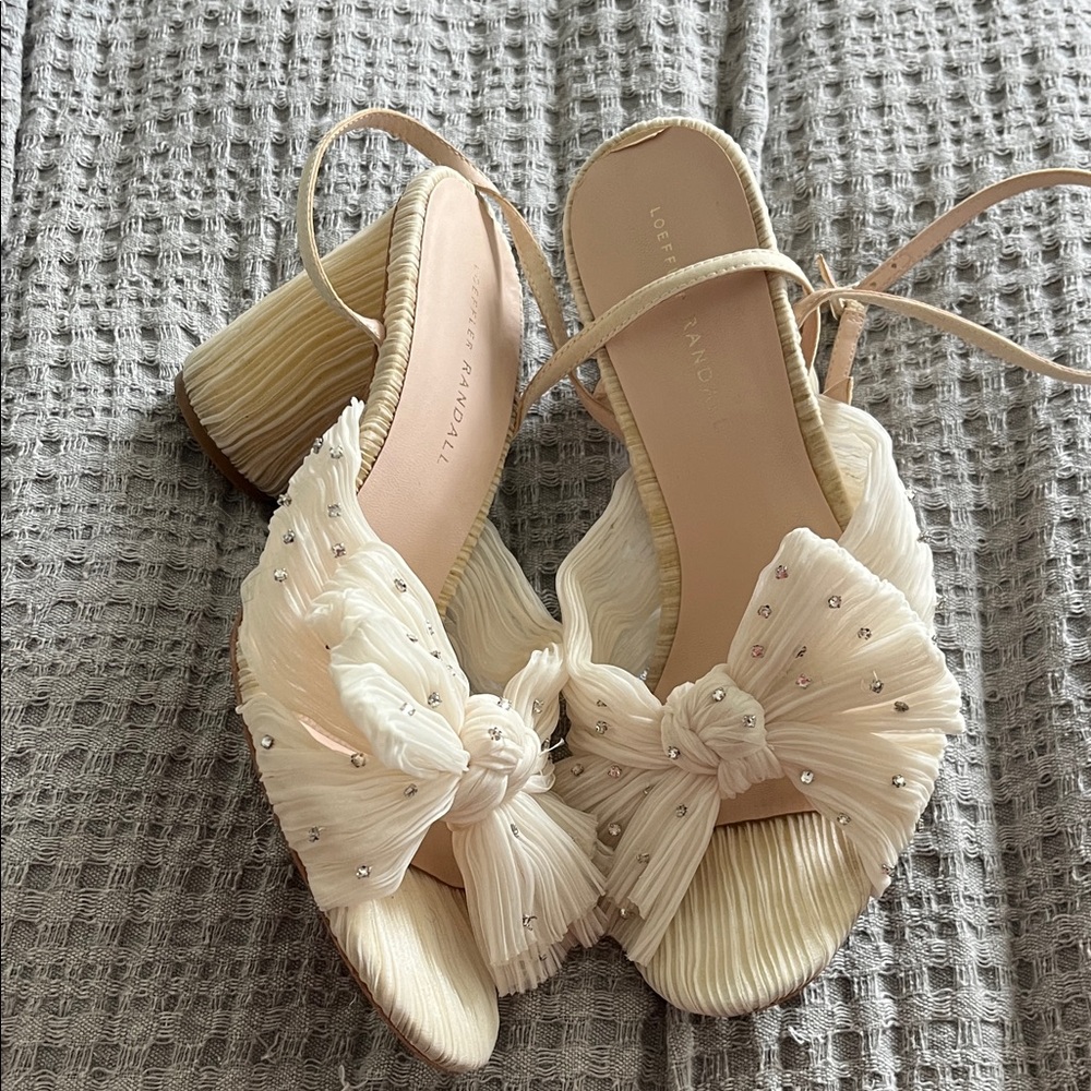 Loeffler Randall Cream Pleated Bow Block Heel Sandals